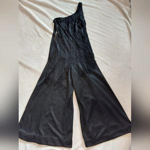 Vintage 1970s Black Fringe One Shoulder Palazzo Jumpsuit